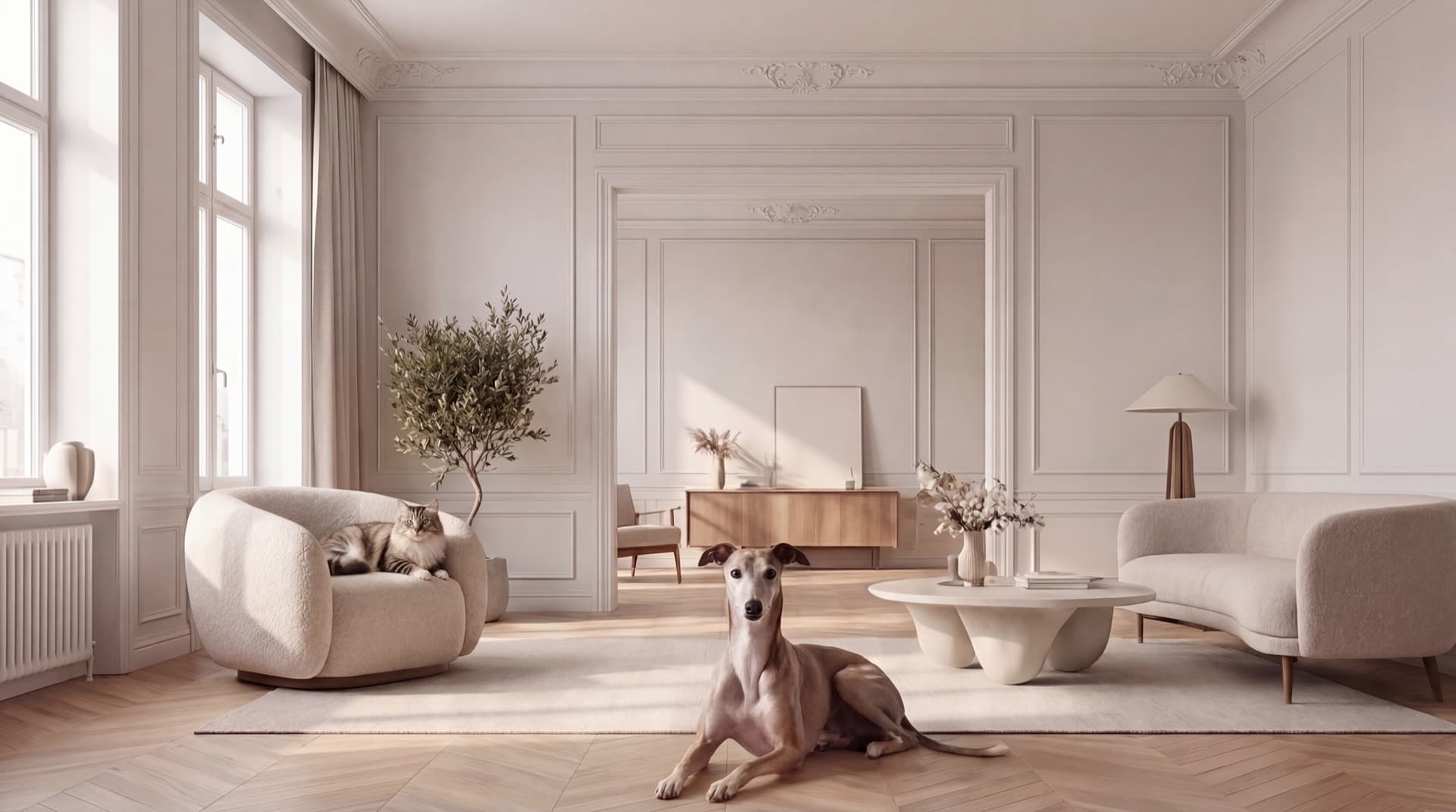 Greyhound and cat relaxing in an elegant Scandinavian living room with herringbone floors