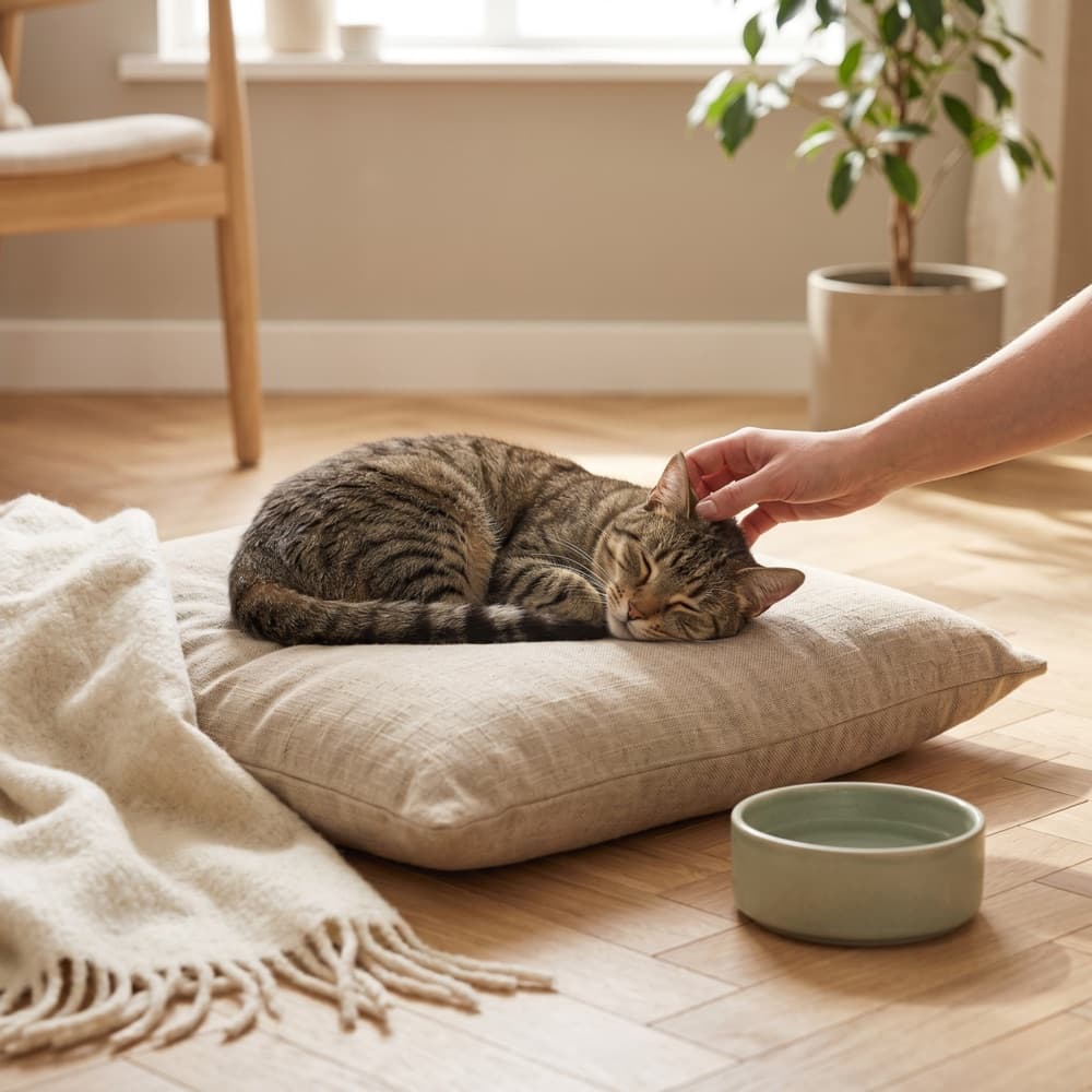 Cat relaxing comfortably on a linen cushion in a cozy home